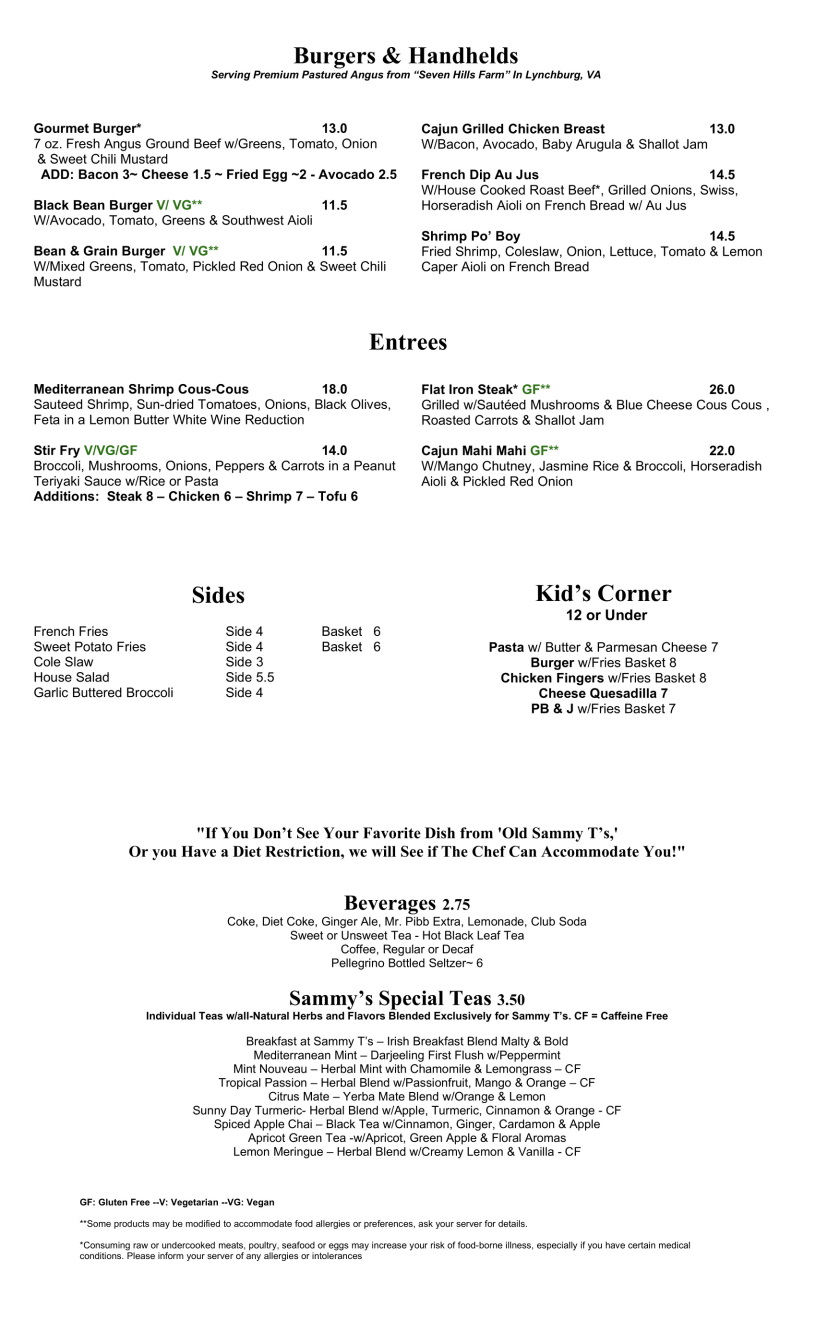 Sammy T's menu page 2